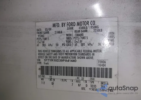 2009 Ford Ranger Sport/Xl/Xlt z USA, uszkodzony, nr VIN 1FTYR10D39PA41440